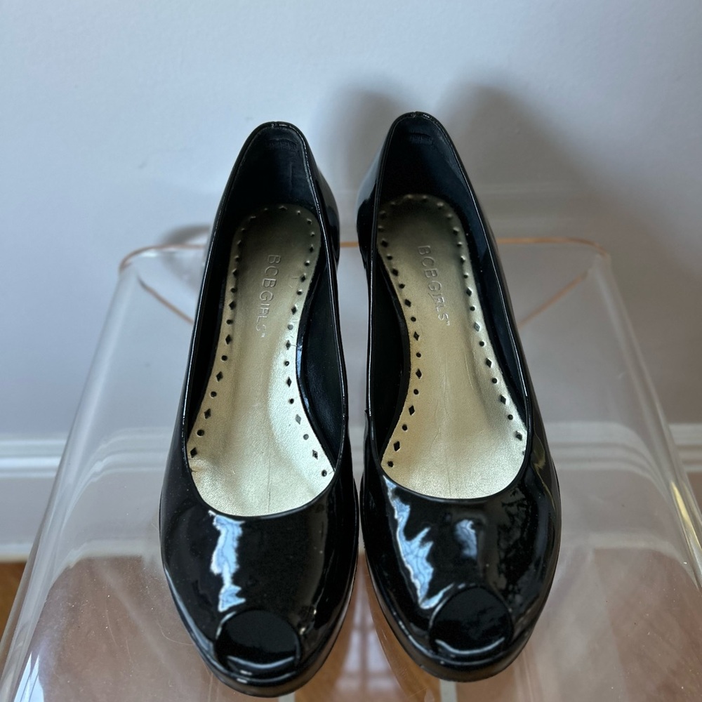 BCBGirls Black Patent Peep Toe Wedges